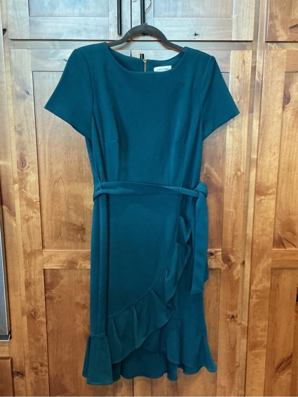 Calvin Klein Teal Short-Sleeve Ruffle Wrap Midi Dress